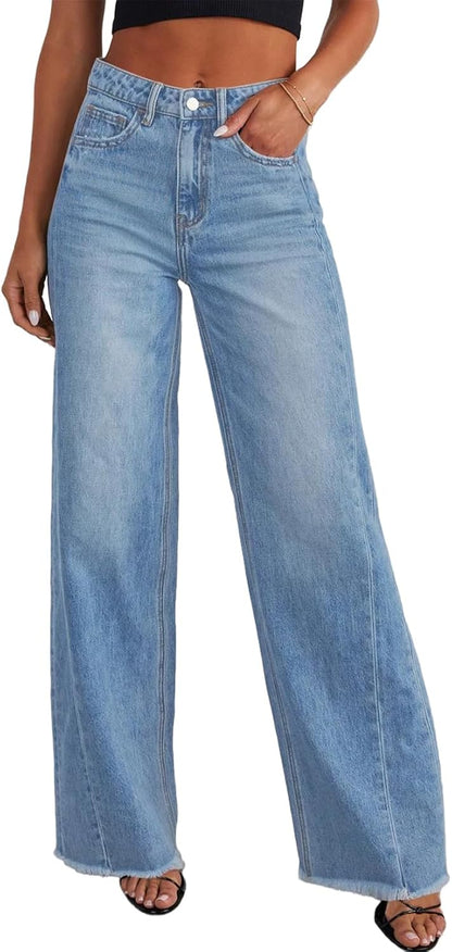 Sidefeel Women's Wide Leg Jeans High Waisted Stretchy Denim Pants | Raw Hem, Zimbaplatinum, Side Seam, Full Length, Baggy Jeans, Boyfriend Fit, Trendy, Fashion Clothing