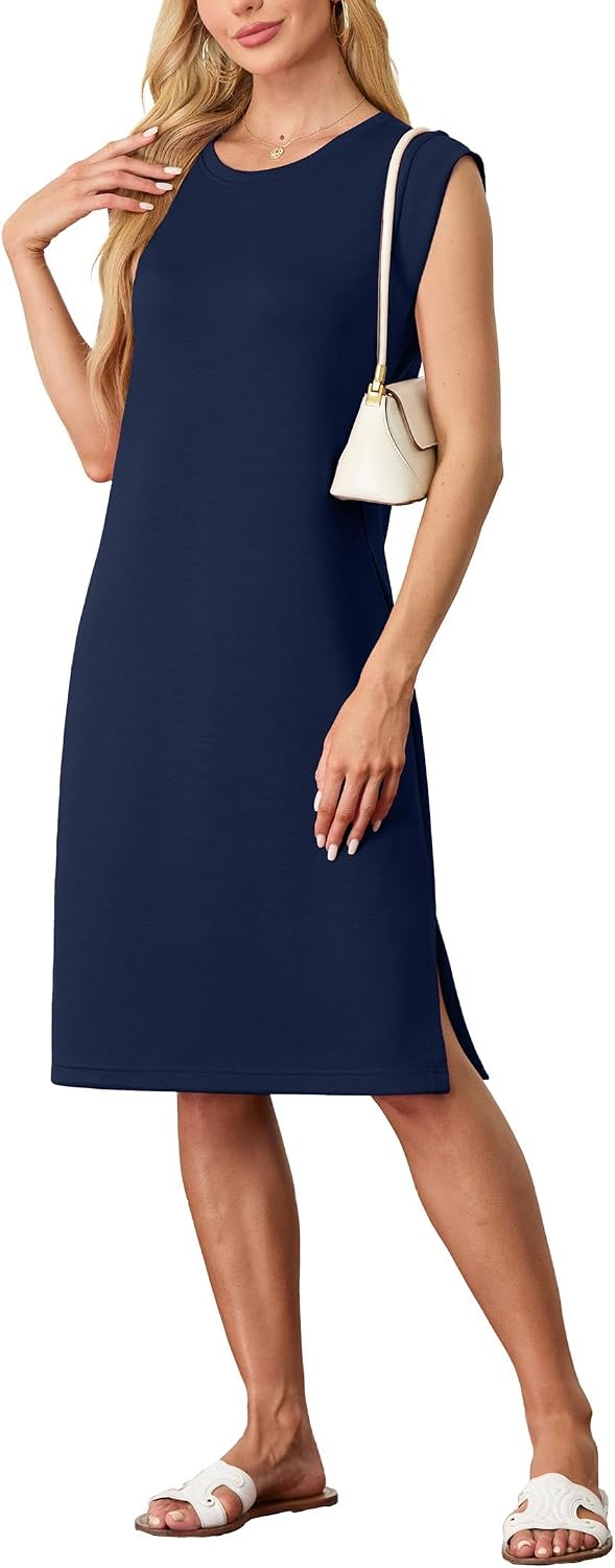 GRECERELLE 2026 Women Summer Round Neck Casual Loose Split Wrinkle-Free Midi Dress with Pockets (XS-3XL) .