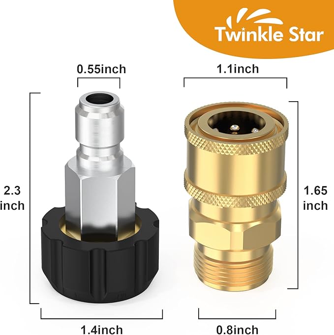 Twinkle Star Pressure Washer Quick Connect Fittings, Quick Connect Kit M22 14mm to 3/8 Inch, 4 Pieces