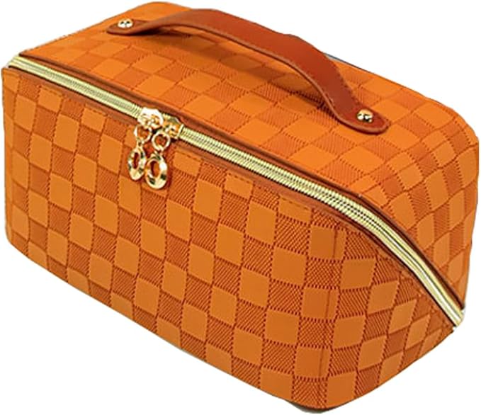 Cosmetic Bag PU leather Makeup Organizer for Women Large Capacity Water-resistant Make Up Bag With Handle and Divider Flat Lay travel cosmetic Pouch
