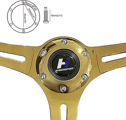 14" Universal Classic Wood Grain Steering Wheel Gold Chrome 3 Spoke 1.5 Depth Steering Wheel 350mm with Horn Button 6 bolts (-11)