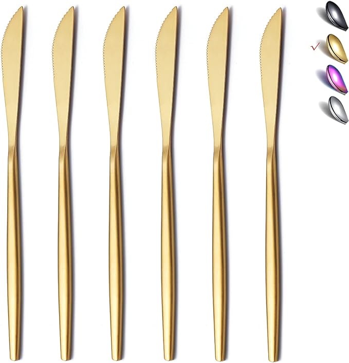 HOMQUEN Dinner Knives 6 Piece, Stainless Steel Matt Gold Dinner Knife, Sturdy butter knife, Modern Design butter knives, Dishwasher Safe (Matt Golden-8.9 Inch)