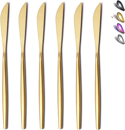 HOMQUEN Dinner Knives 6 Piece, Stainless Steel Matt Gold Dinner Knife, Sturdy butter knife, Modern Design butter knives, Dishwasher Safe (Matt Golden-8.9 Inch)