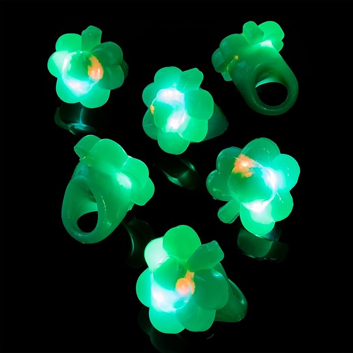 Super Z Outlet Four Leaf Clover Lucky St. Patrick's Day Green Shamrock LED Light Up Toy Party Favors Rings Accessories (18 Pack)