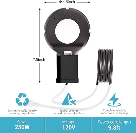250 Watt Pond De-Icer with Thermostat, Cast Aluminum Submersible Bird Bath Heater, Heated Chicken Water, Power Cord 9.8 Ft