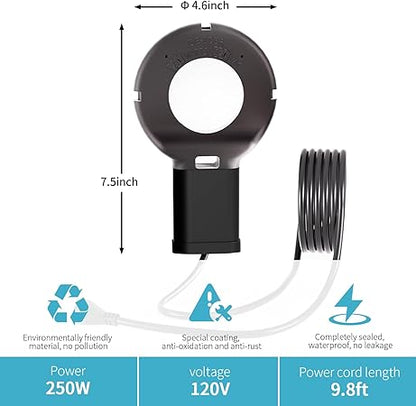 250 Watt Pond De-Icer with Thermostat, Cast Aluminum Submersible Bird Bath Heater, Heated Chicken Water, Power Cord 9.8 Ft
