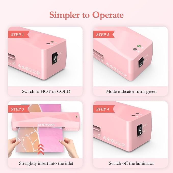 Crenova A4 Laminator Machine 4 in 1 Personal Desktop Hot  Cold with 10 Laminating Pouches No Bubbles 9 Inch Thermal Laminator for Home Office School Business Use Pink