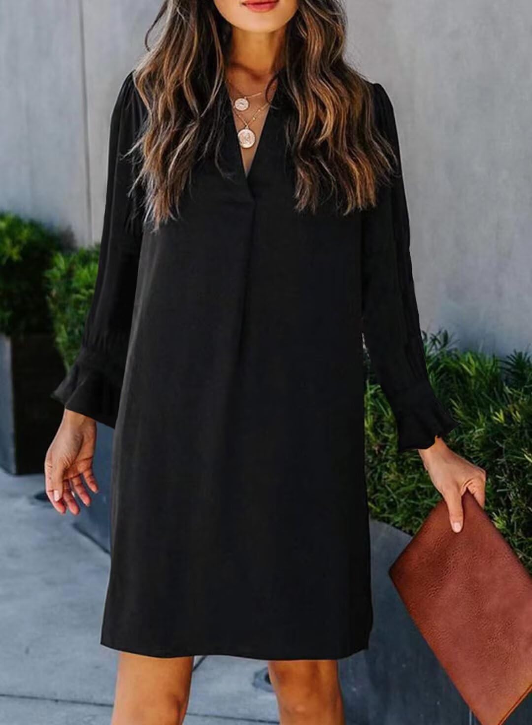 QACOHU Fall Dresses for Women 2026 Casual V Neck Long Sleeves Flowy Mini Tunic Dress.