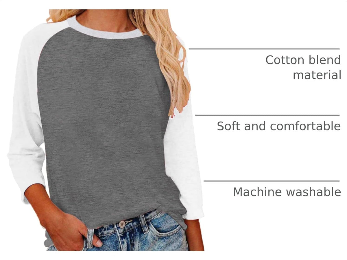 Womens Baseball Tee 3/4 Sleeve Fashion Crewneck Tops Color Block Blouse Casual Raglan Shirt.