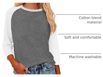 Womens Baseball Tee 3/4 Sleeve Fashion Crewneck Tops Color Block Blouse Casual Raglan Shirt.