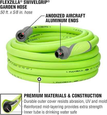 Flexzilla Garden Hose with SwivelGrip, 5/8 in. x 50 ft., Heavy Duty, Lightweight, Drinking Water Safe, ZillaGreen - HFZG550YWS-E