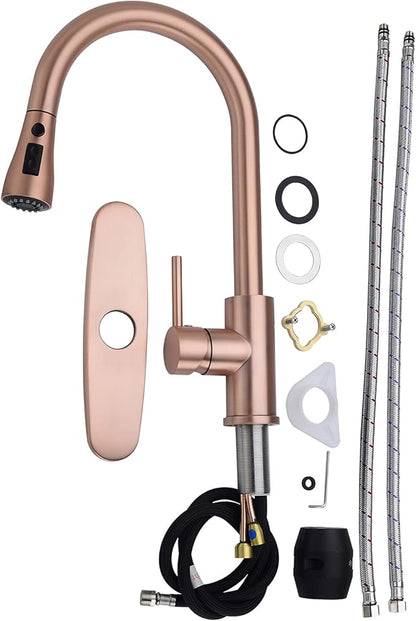 Delle Rosa Copper Rose Gold Kitchen Faucet, Deck Mount, 304 Stainless Steel, Single Handle, 3-Way Spray Setting, Easy Installation
