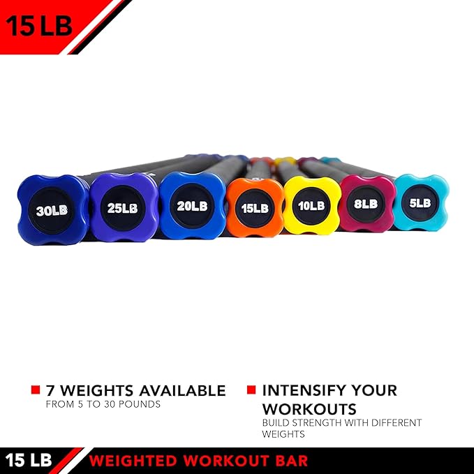 JFIT Weighted Workout Bars, 7 Size Options, 5-30lbs, Rubber Padded, Heavy-Duty, Solid Steel Exercise Bar For Body Toning, Aerobics, Yoga, Pilates