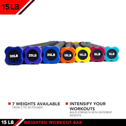 JFIT Weighted Workout Bars, 7 Size Options, 5-30lbs, Rubber Padded, Heavy-Duty, Solid Steel Exercise Bar For Body Toning, Aerobics, Yoga, Pilates