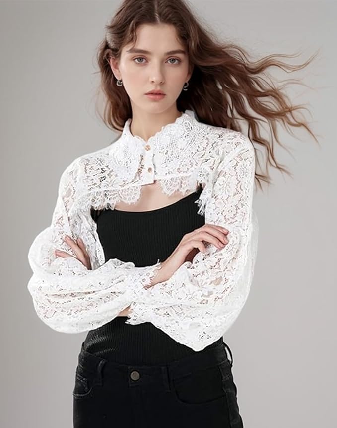 FakeCollar Shirt Long Sleeves Lace Shrug Victorian Blouse Crop Top Dickey Collar for Women