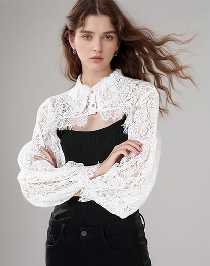 FakeCollar Shirt Long Sleeves Lace Shrug Victorian Blouse Crop Top Dickey Collar for Women