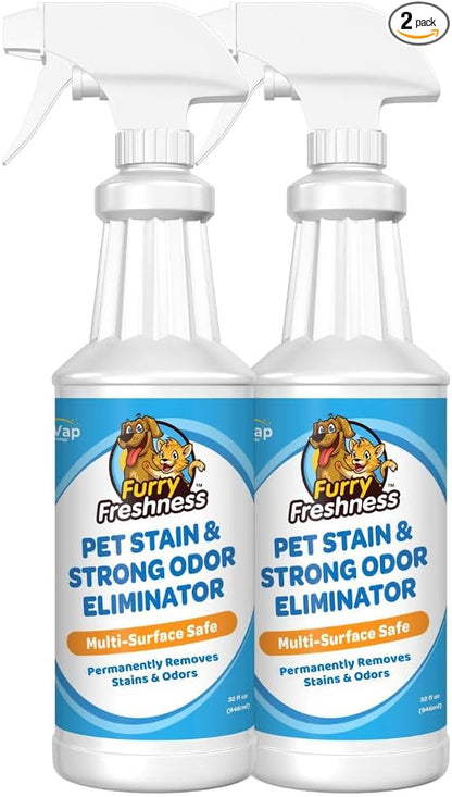 FurryFreshness Extra Strength Cat or Dog Pee Stain & Permanent Odor Remover + Smell Eliminator -Removes Stains from Pets & Kids Including Urine or Blood- Lifts Old Carpet Stains- 32oz Spray