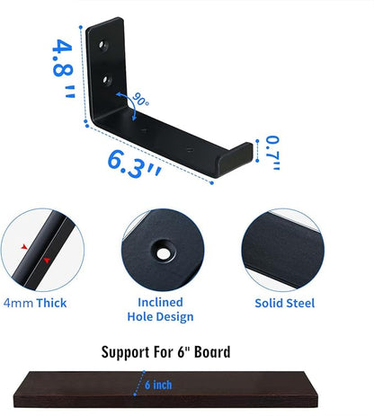HEART ART Black Shelf Bracket 6 inch, Shelf Bracket 8 Pack,J Metal Heavy Duty Shelf Support Brackets,6.3"L4.8"H1.2"W