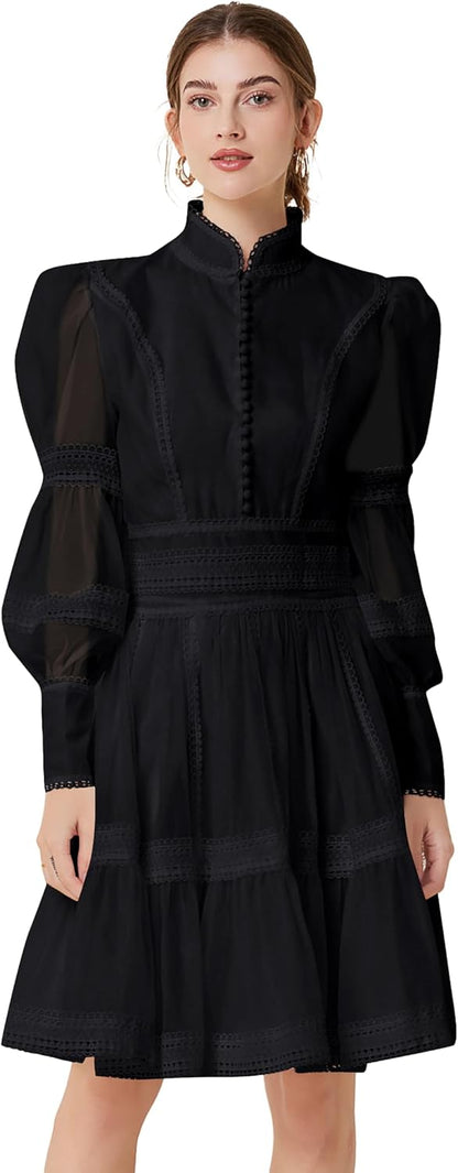Medium , LAI MENG FIVE CATS Women's Puff Sleeves High Collar Hollow Mesh Pleat Layered Hem Solid Color Mini Dress.