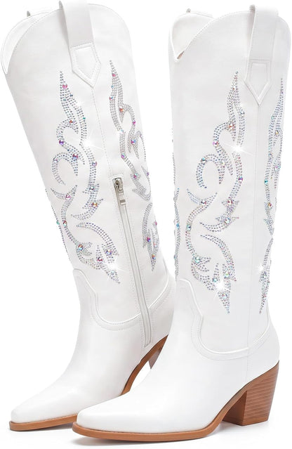 White Cowboy Boots for Women - Wide Calf Rhinestone Cowgirl Boots, Women Knee High Western Boots, Glitter Sparkly Ladies Tall Boots with Classic Embroidery and Side Zipper, Retro Classic Country Boots Pull On for Ladies