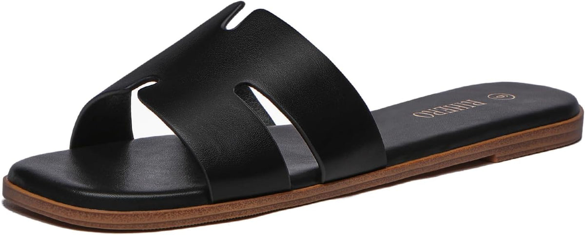Rihero Flat Sandals Women Dressy Comfortable Slip On Leather Slide Sandals | PU / Raffia Clear Knit Upper, Square Toe, Cushioned Footbed, Casual Slides, Vacation, Travel, Work, Everyday Summer Sandals