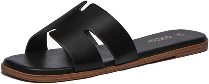 Rihero Flat Sandals Women Dressy Comfortable Slip On Leather Slide Sandals | PU / Raffia Clear Knit Upper, Square Toe, Cushioned Footbed, Casual Slides, Vacation, Travel, Work, Everyday Summer Sandals