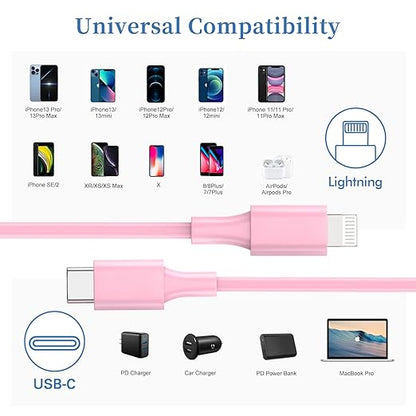 USB C to Lightning Cable, 2Pack 10FT 20W ãMFi Certifiedã‘ Extra Long iPhone Fast Charger Cable Power Charging Cord for iPhone 14/13/12/Pro/Pro Max/Mini/11/Pro Max/XS/MAX/XR/X/ 8/8Plus, Pink