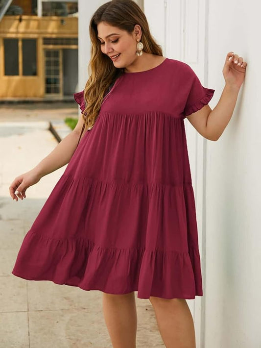 YOXUA Womens Plus Size Dress - Ruffle Short Sleeve Crewneck Color Block Loose Summer Beach Swing Dresses XL-4XL