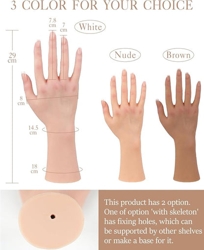 KUMIHO Realistic Silicone Female Hand Model Fake Hand for Jewelry Display Tattoo Training Practice Art Sketch with Nails, 1 Pair -with Skeleton