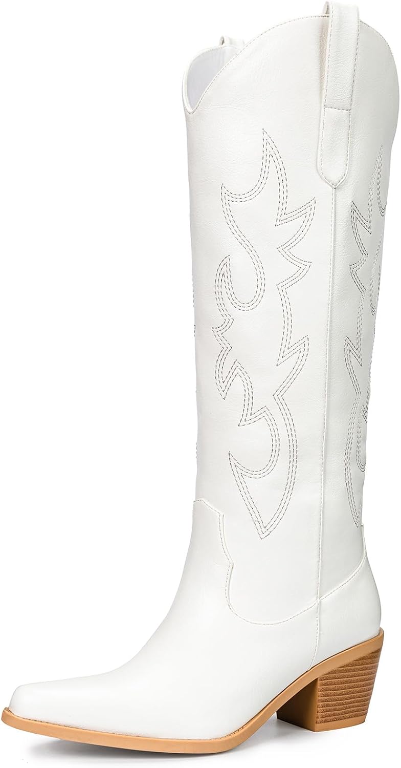 Pasuot Western Cowboy Boots for Women - Knee High Wide Calf Cowgirl Boots, Slip On Pointed Toe Chunky Heel Fashion Retro Classic Pull On Tall Boot for ladies Party concert