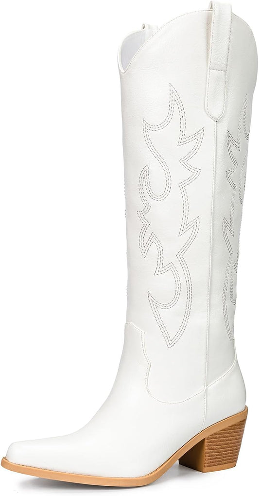 Pasuot Western Cowboy Boots for Women - Knee High Wide Calf Cowgirl Boots, Slip On Pointed Toe Chunky Heel Fashion Retro Classic Pull On Tall Boot for ladies Party concert