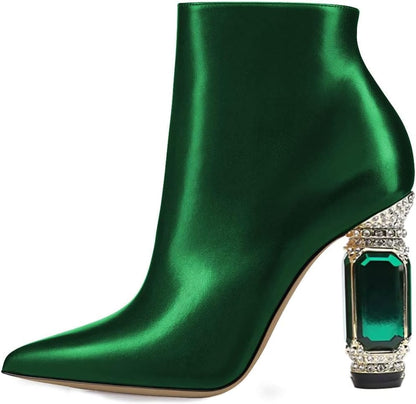Women Chic Pointed Toe Crystal Chunky Block High Heel Ankle Boots Glossy Side Zipper Casual Daily Fashion Ladies Fall Shoes Size 4-15 US