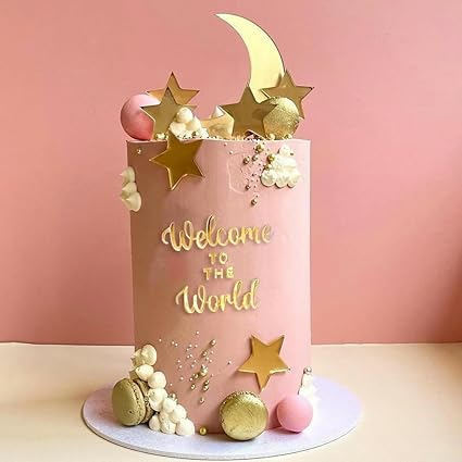 12PCS Moon Star Cake Toppers,Acrylic Mirror Gold"Welcome To The World"Baby Shower Cake Decorations for Over the Moon Baby Shower Wedding Birthday Party