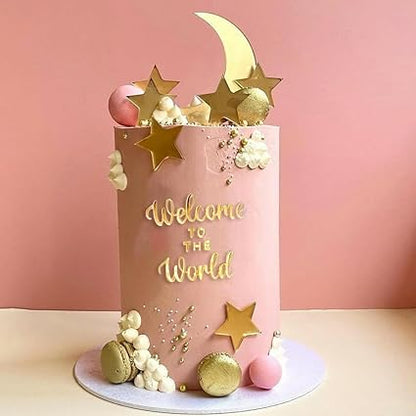 12PCS Moon Star Cake Toppers,Acrylic Mirror Gold"Welcome To The World"Baby Shower Cake Decorations for Over the Moon Baby Shower Wedding Birthday Party