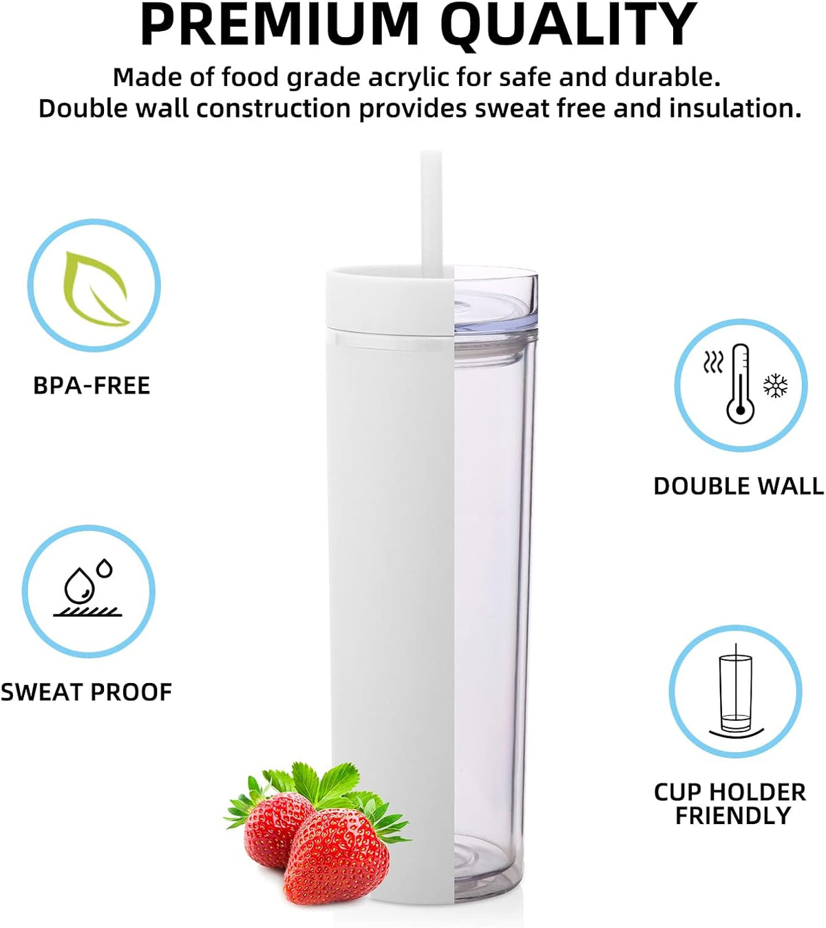 Volhoply 20oz Plastic Skinny Tumbler,Double Wall Tumblers with Lid and Straw,Reusable Travel Iced Coffee Mug,BPA Free Matte Acrylic Water Cups With Straw for Parties,DIY Gifts(White,1 Set) (Has Slight Cosmetic Defect)