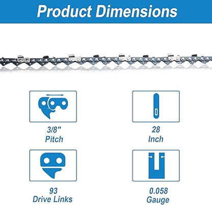 28 Inch Chainsaw Chain 38" Pitch .058 Gauge 93DL for Husqvarna 262XP Poulan 475 Jonsered 2065