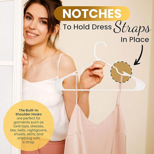 50 Pack Adult Plastic Hanger for Shirt Pants Coats Dresses Skirts Suits Jackets - Standard Thick Coat Hanger - Sturdy & Durable Design with Shoulder Grooves Hook - White