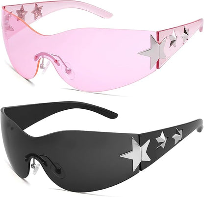 Rimless Y2K Sunglasses Star Wrap Around Glasses 2000S Accessories for Women Men Trendy Fashion Cool Shield Shades