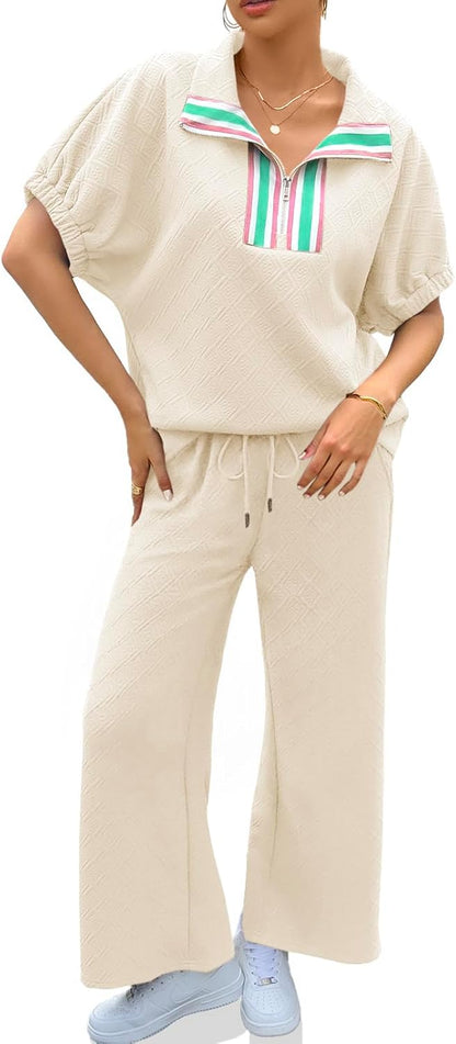 Womens 2 Piece Outfits Textured Color Block Half Zipper Puff Short Sleeve Tops Cropped Wide Leg Pant Lounge Sets