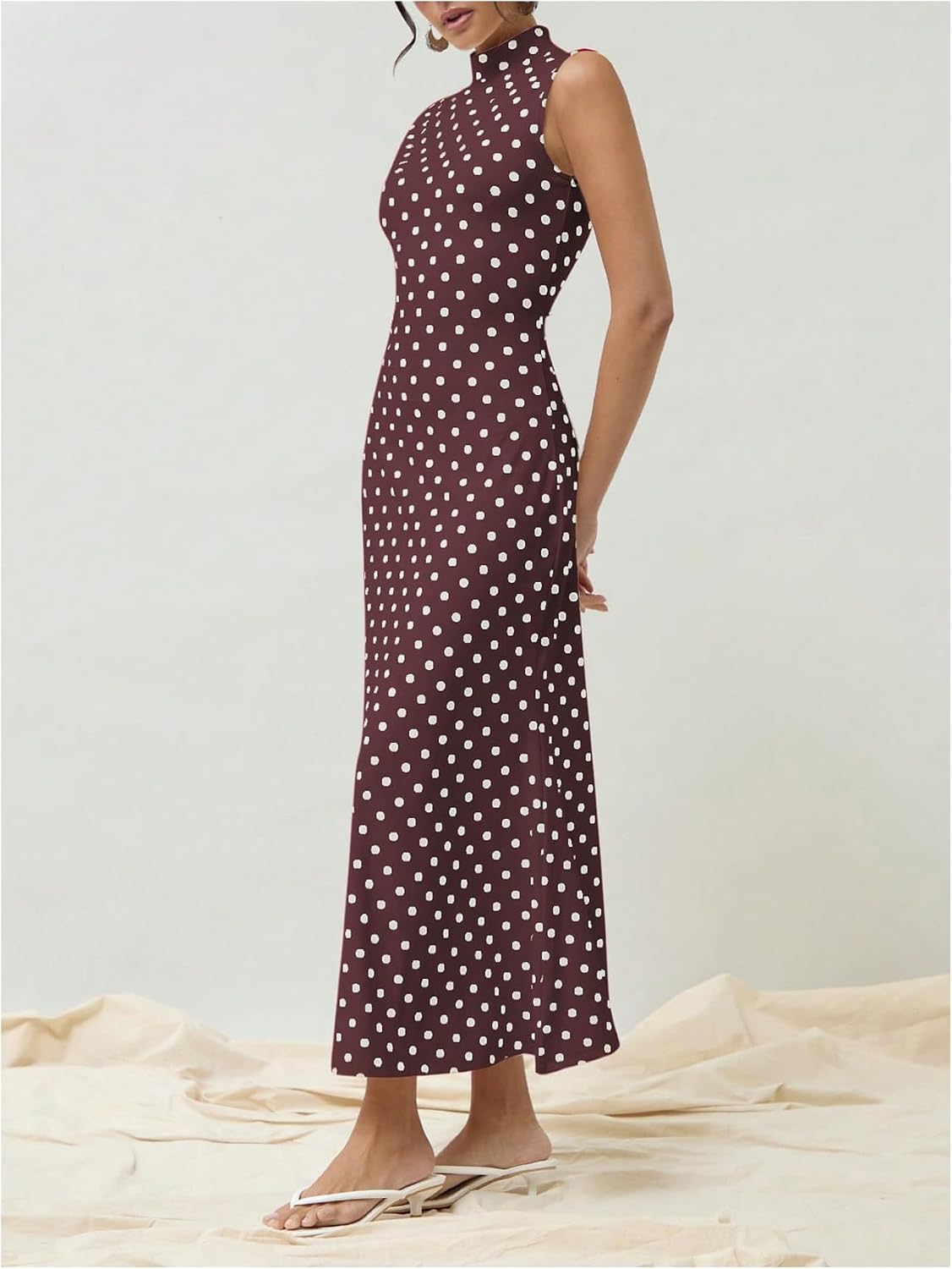 Milumia Women's Polka Dots Maxi Tank Dress Vintage Mock Neck Sleeveless Elegant Long Dresses.