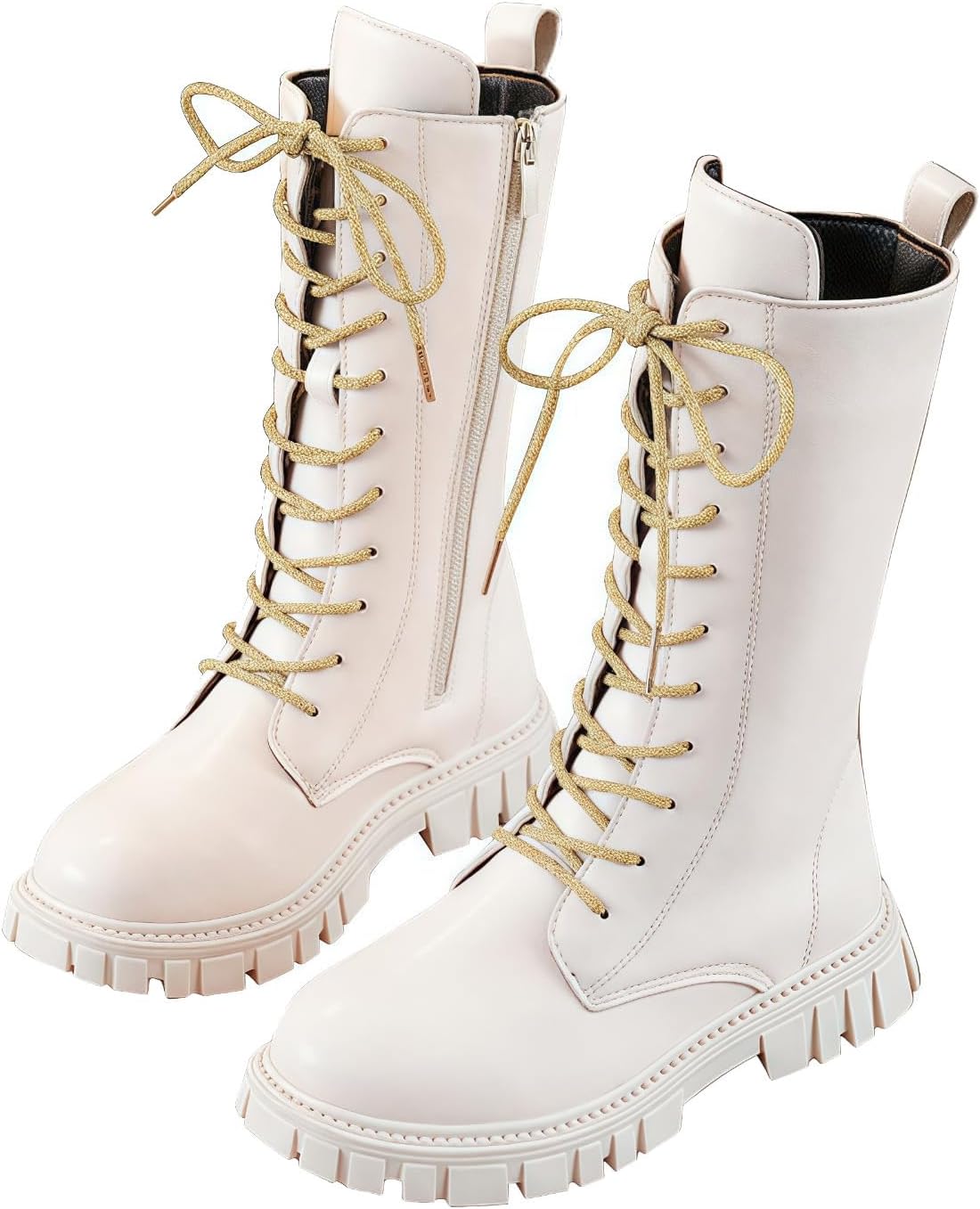 Girls Boots Knee High Zip Up Lace Up Outdoor Booties Winter Fashion Long Leather Boot for Little Kid Big Kid