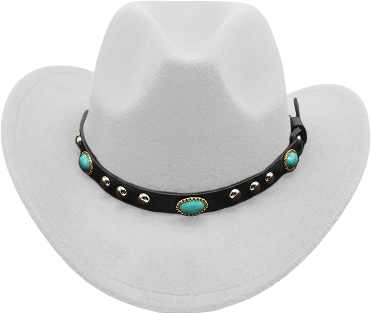 Cowgirl Cowboy Hat Women Men Vintage Wide Brim Fedora Hat, White belt with Turquoise stones