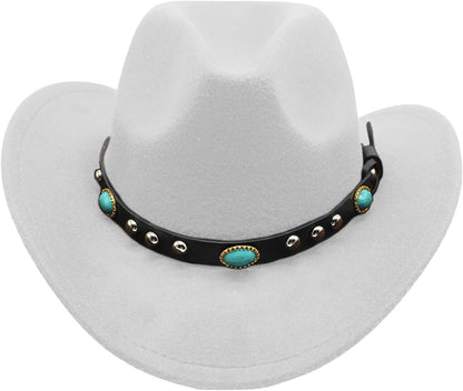 Cowgirl Cowboy Hat Women Men Vintage Wide Brim Fedora Hat, White belt with Turquoise stones