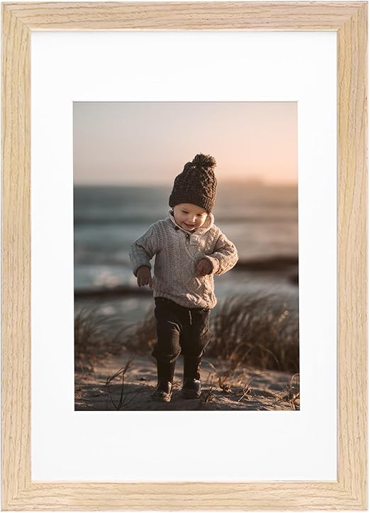 KINLINK A4 Picture frame Natural, Wood frame with Acrylic Plexiglass for Pictures A5 with Mat or A4 without Mat, Tabletop and Wall Mounting Display, 1 Pack