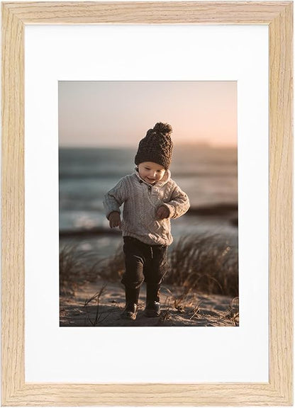 KINLINK A4 Picture frame Natural, Wood frame with Acrylic Plexiglass for Pictures A5 with Mat or A4 without Mat, Tabletop and Wall Mounting Display, 1 Pack
