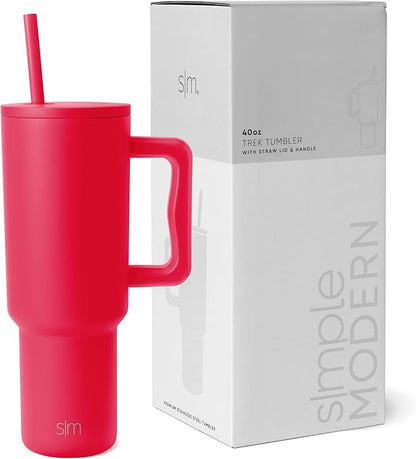 Simple Modern 40 oz Tumbler with Handle and Straw Lid  Insulated Cup Reusable Stainless Steel Water Bottle Travel Mug Cupholder Friendly  Gifts for Women Men Him Her  Trek Collection  Ember Red