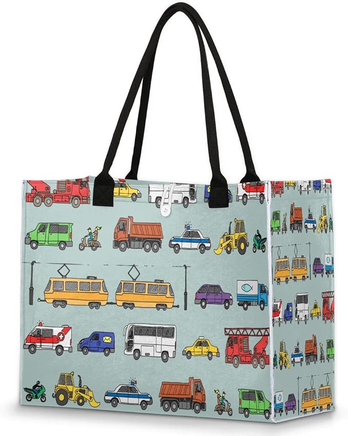 Tote Bag for Women Transportation Car Pattern Large Beach Bag Reusable Grocery Bags Tote Bag for Work Shopping Travel Beach