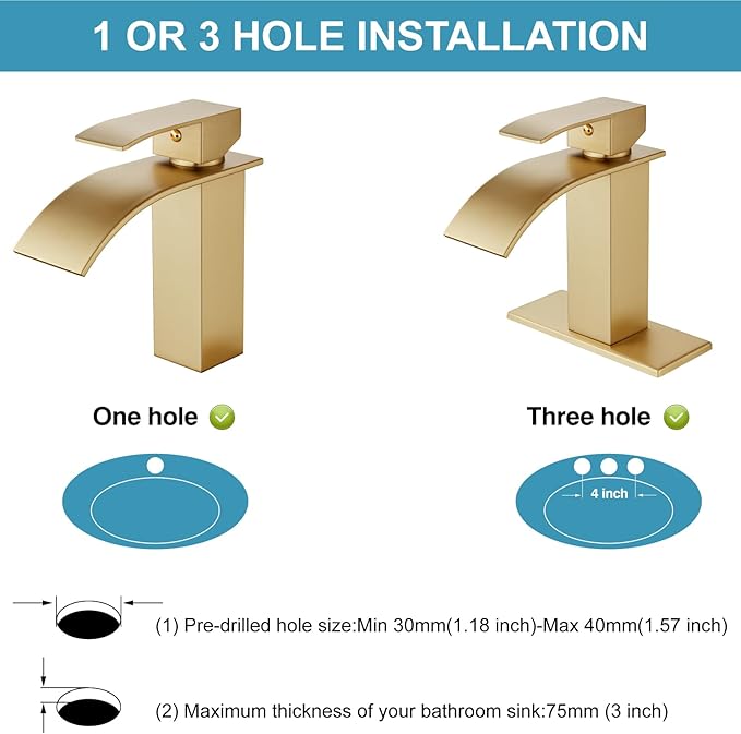 Midanya Bathroom Sink Faucet, Waterfall Nozzle, Single Handle, 1 Hole, Deck Mount, Commercial Vanity Mixer Faucet with Fold-Out Drain, Short, Brushed Gold