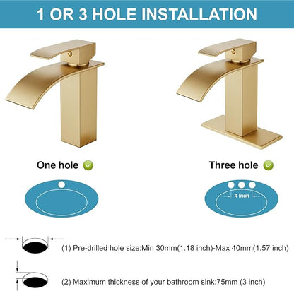 Midanya Bathroom Sink Faucet, Waterfall Nozzle, Single Handle, 1 Hole, Deck Mount, Commercial Vanity Mixer Faucet with Fold-Out Drain, Short, Brushed Gold