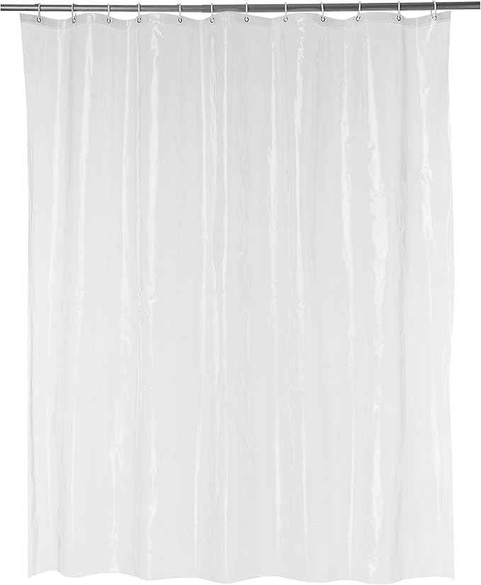 Basics Water Resistant 8-Gauge PEVA Shower Curtain Liner with Metal Grommets and Plastic Hooks, 72"L x 72"W, Clear